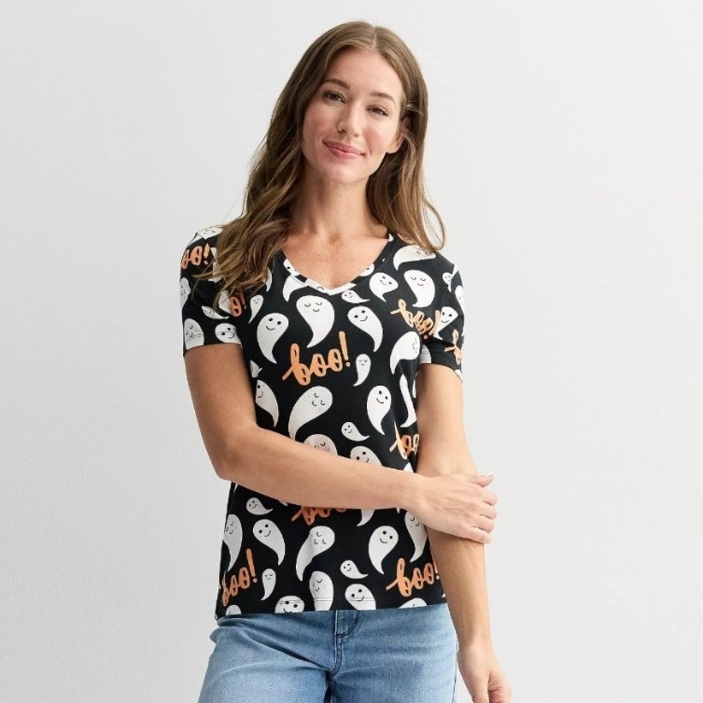 Hybrid Apparel Womens Halloween Ghost Boo V-Neck Graphic Tee Black Small NEW